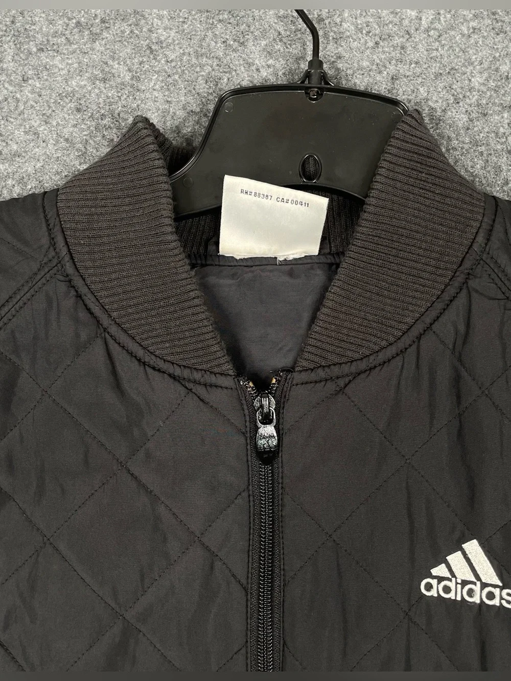 Adidas Quilted Bomber Jacket Mens Large Black Tricot Logo 3 Stripes Full Zip